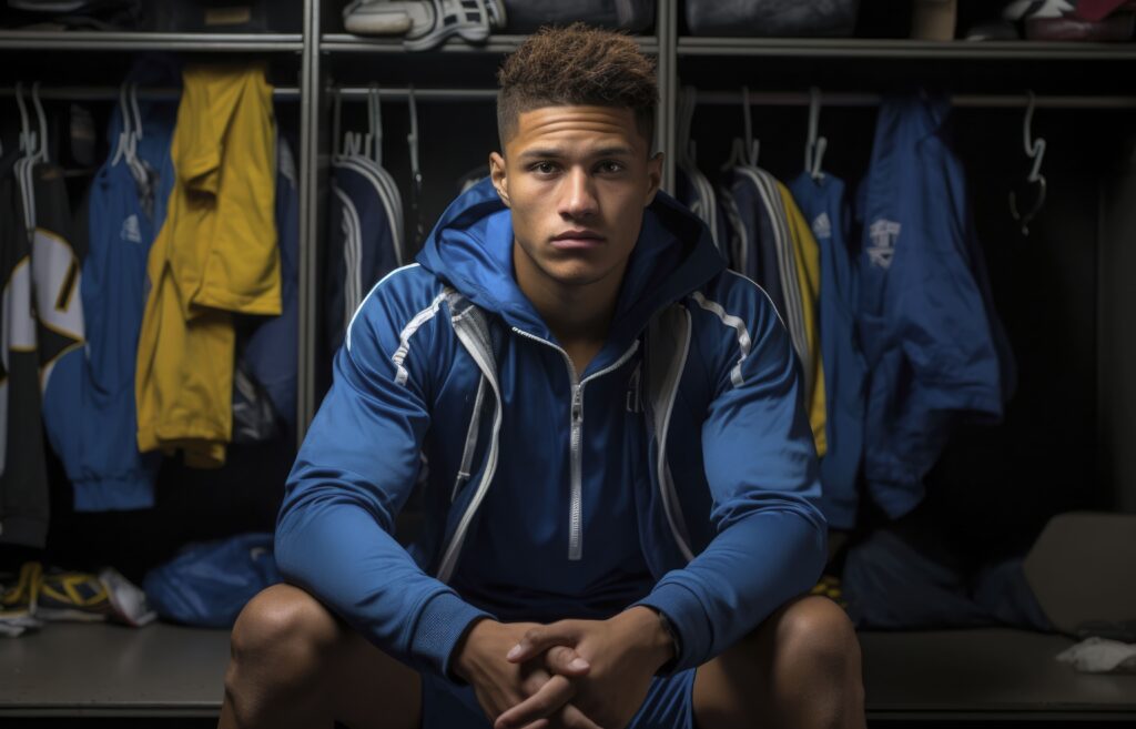 Joueur en pleine préparation mentale dans le vestiaire de football avant son match